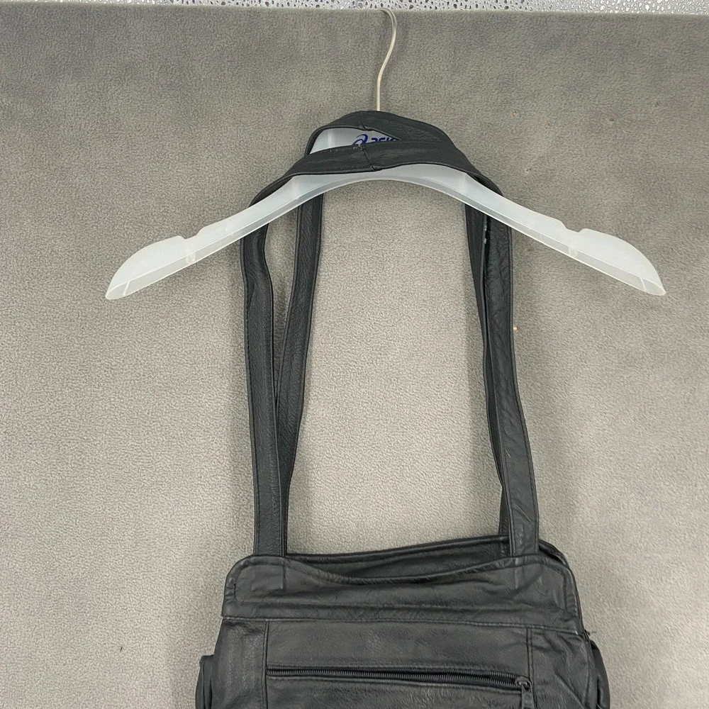 Vintage Unisex Black Leather Multiple Pockets Dual Carry Straps Shoulder Bag